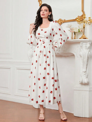 Floral Print Square Neck Lantern Sleeve Dress