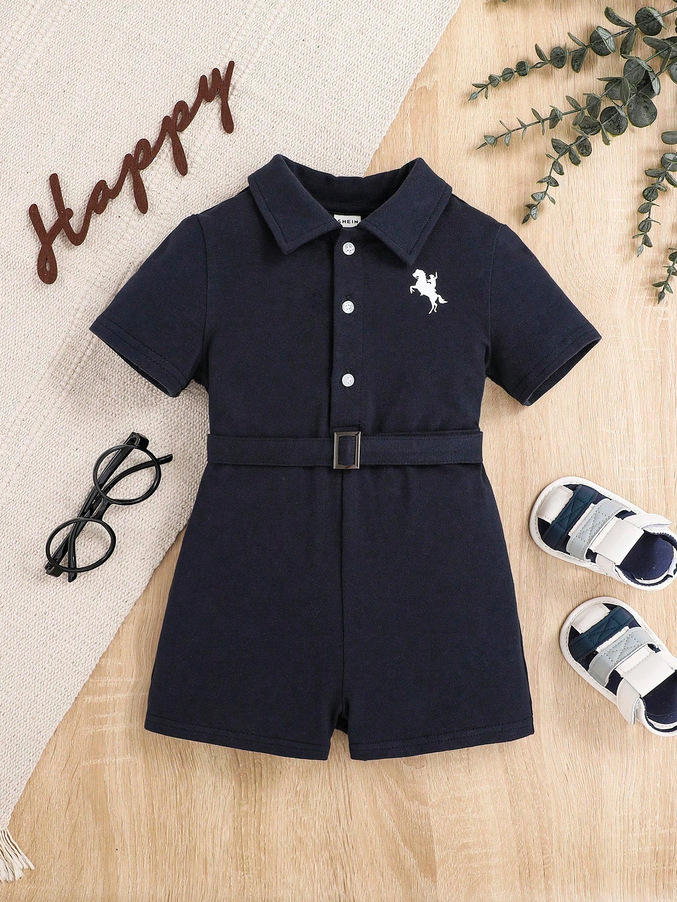 Baby Boy Figure & Horse Print Belted Romper