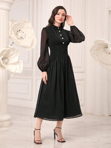 Contrast Mesh Lantern Sleeve Dress