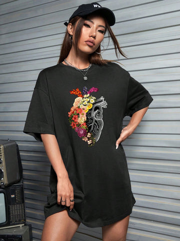 Floral & Heart Print Drop Shoulder Tee Dress