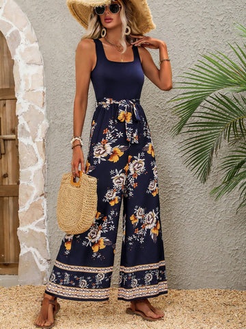 Floral Print Wide Leg Belted Jumpsuit