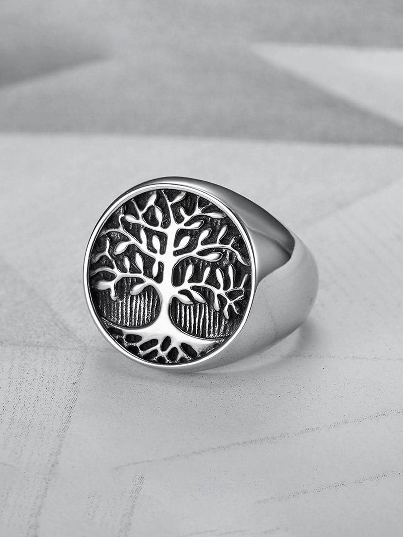 1pc Fashionable Stainless Steel Tree & Round Decor Ring For Men For Party Decoration, For Jewelry Gift And Party