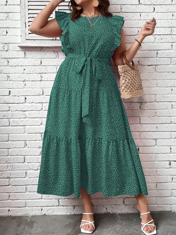 Plus Polka Dot Print Ruffle Trim Belted Dress