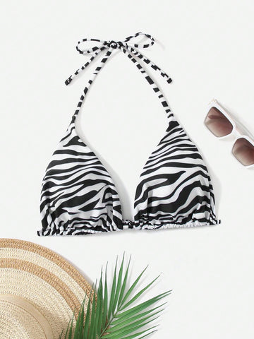 Summer Beach Plus Zebra Striped Halter Triangle Bikini Top