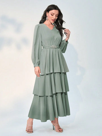 V-neck Lantern Sleeve Layer Hem Rhinestone Belted Dress