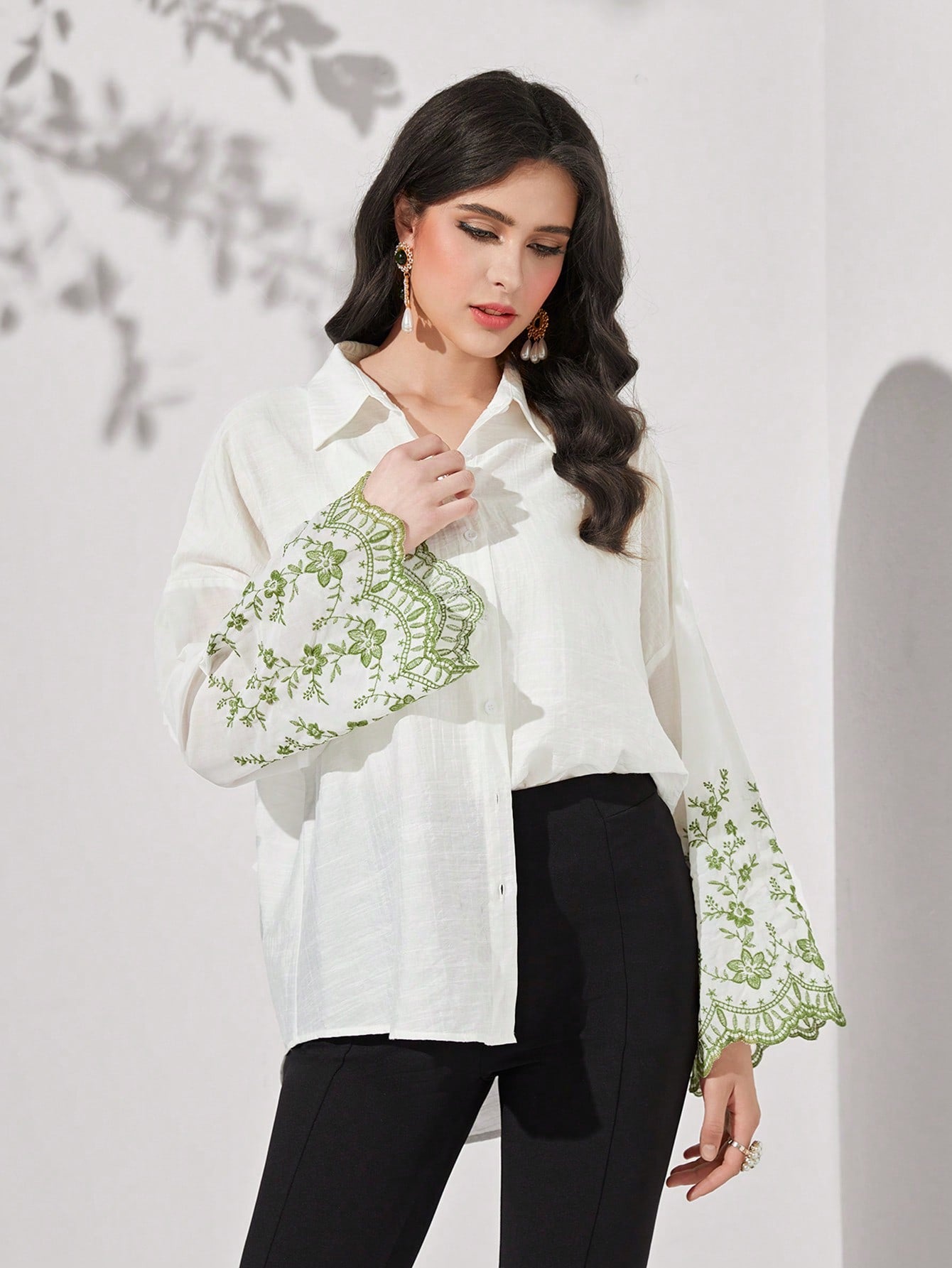 Floral Embroidery Drop Shoulder Shirt