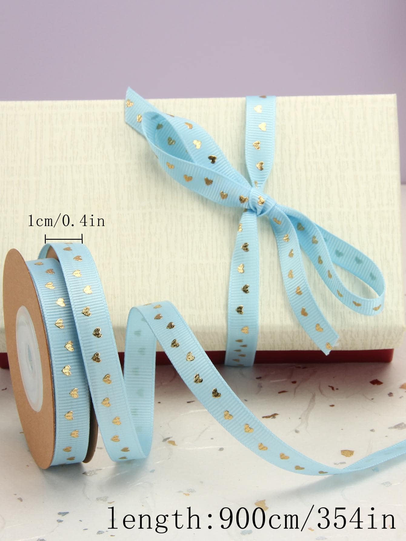 1roll Metallic Heart Pattern Gift Wrapping Ribbon, DIY Blue Polyester Gift Tie Strip, For Party