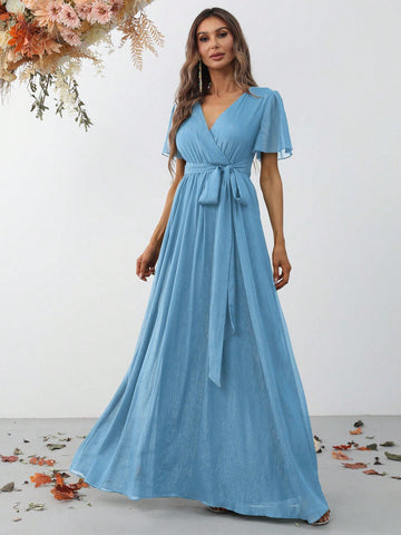 Surplice Neck Belted Chiffon Dress