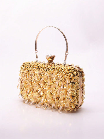 Mini Box Bag Sequins Decor Gold Funky For Party, Perfect Bride Purse For Wedding, Prom & Party Events