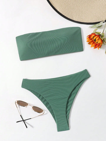 Summer Beach Solid Ribbed Bandeau Bikini Set