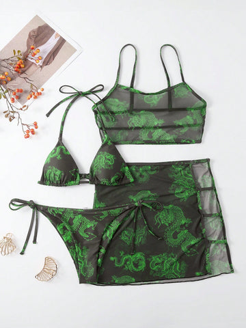 Summer Beach Chinese Dragon Print Halter Triangle Bikini Set With Cover Up Set