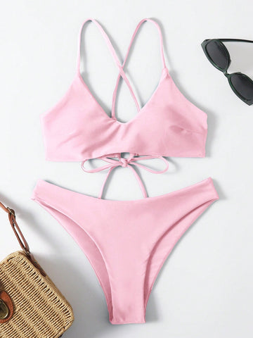 Summer Beach Solid Tie Back Bikini Set