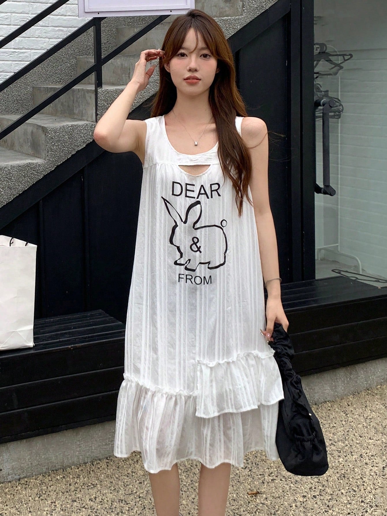 Cartoon & Letter Graphic Ruffle Hem Smock Dress