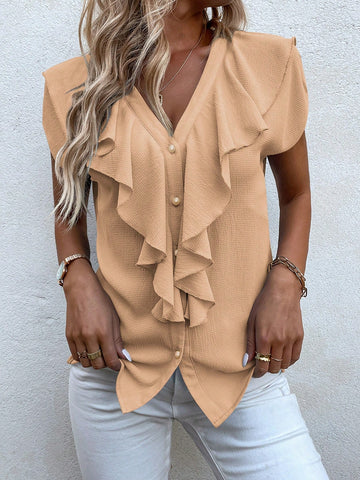 Solid Ruffle Trim Blouse