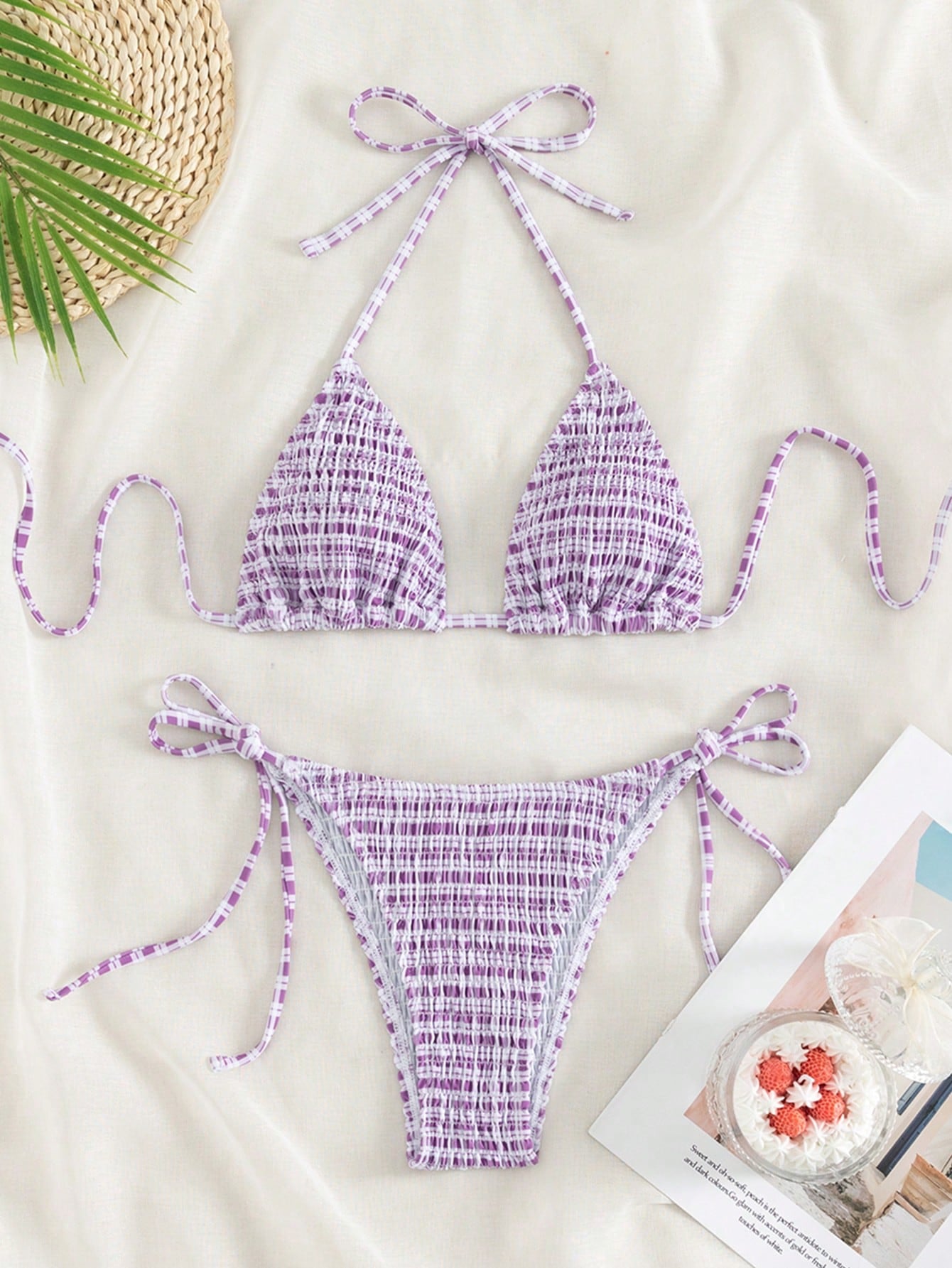 Summer Beach Smocked Triangle Tie Side Bikini Set