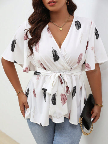 Plus Feather Print Butterfly Sleeve Belted Peplum Blouse