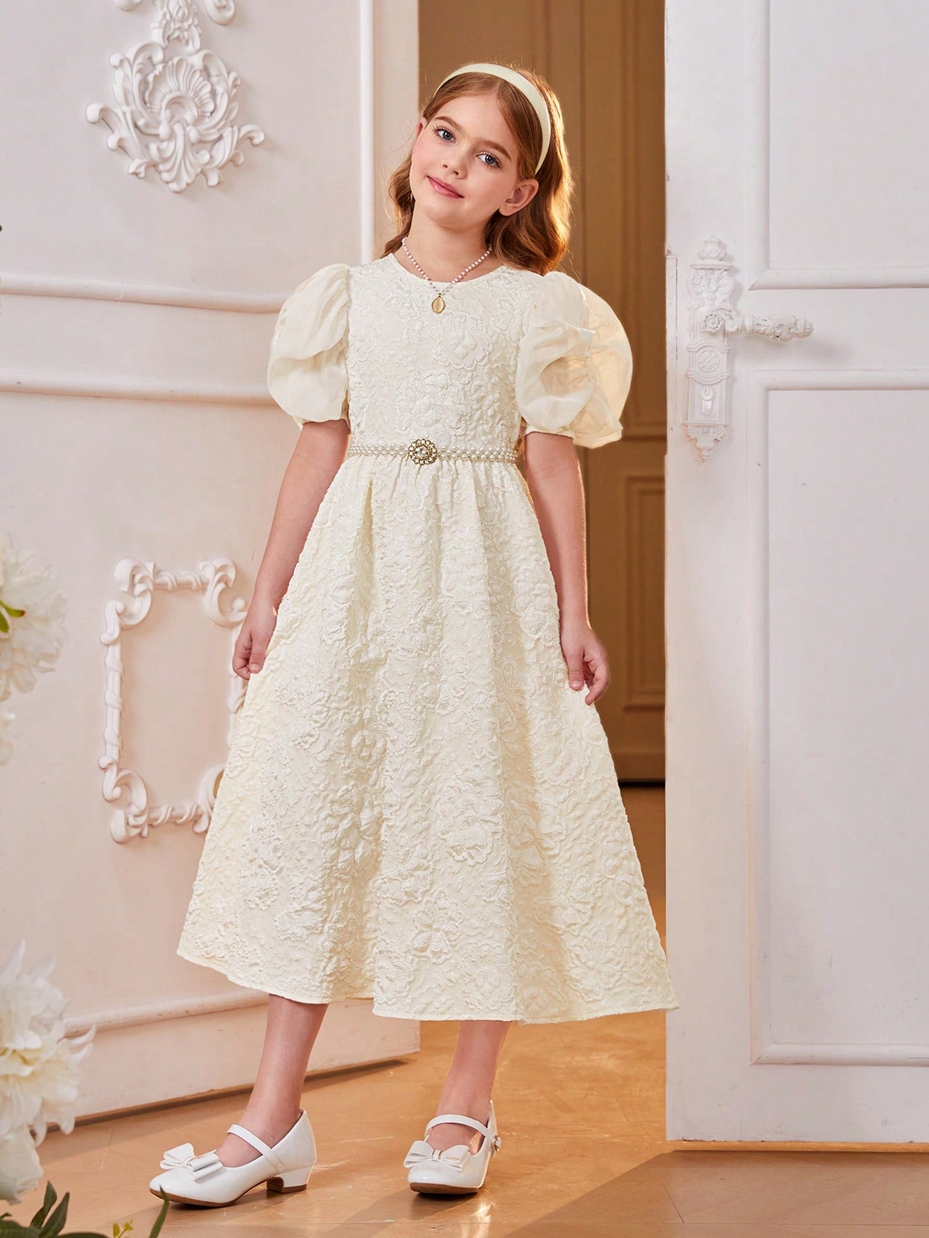 Tween Girl See-Through Organza Bubble Sleeve Patchwork Woven A-Line Dress With 3d Effect And Fashionable Fabric