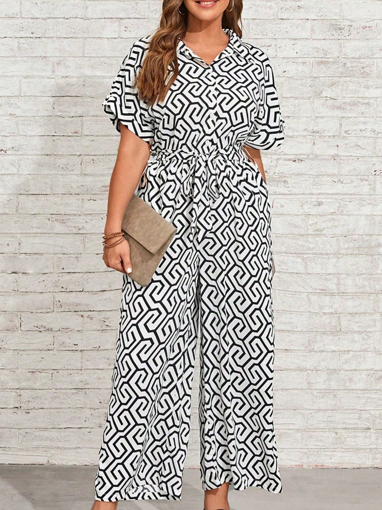 Plus Allover Print Belted Shirt Jumpsuit