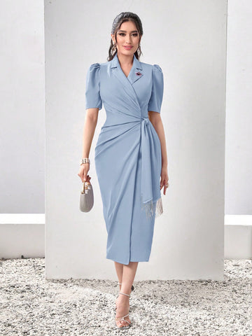 Lapel Collar Puff Sleeve Wrap Knot Side Dress