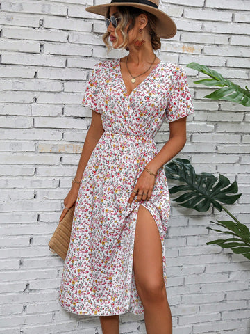 Ditsy Floral Print Butterfly Sleeve Split Thigh Dress