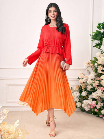 Ombre Pleated Hanky Hem Drawstring Waist Dress