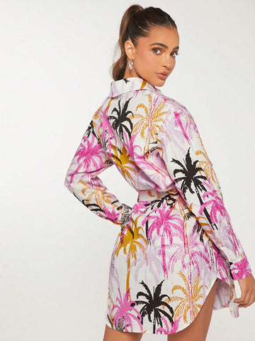 Tropical Print Belted Shirt Dress