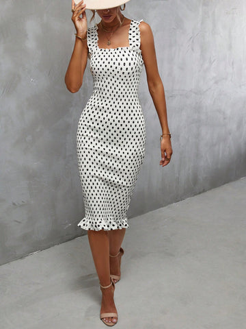 Polka Dot Print Ruffle Hem Dress