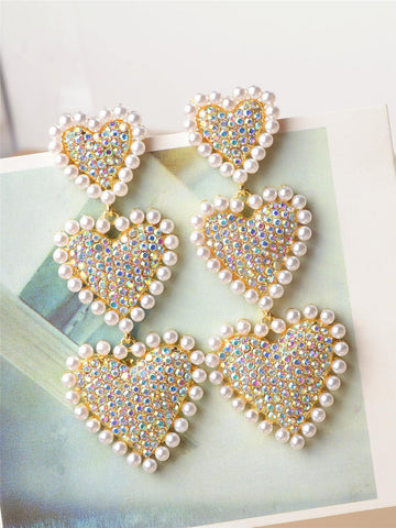 1pair Fashionable Colorful Faux Pearl & Rhinestone Decor Heart Drop Earrings For Women For Party, Exquisite Valentine's Day Gift