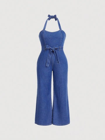 Plus Belted Flare Leg Denim Jumpsuit