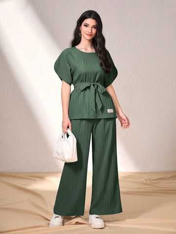 Batwing Sleeve Belted Top & Wide Leg Pants