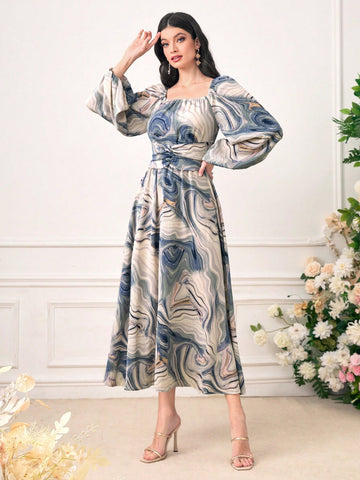 Marble Print Square Neck Lantern Sleeve Dress