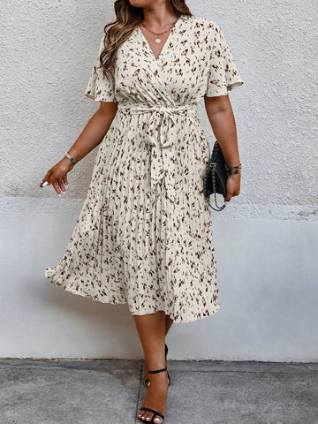 Plus Allover Print Belted Dress