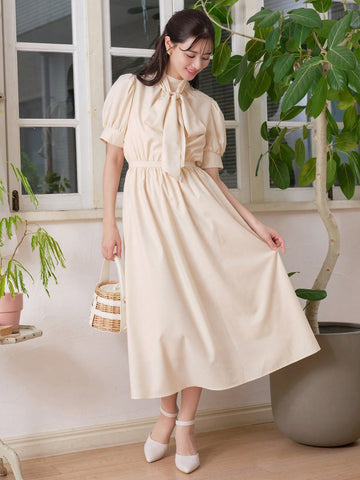 Solid Tie Front Puff Sleeve Dress