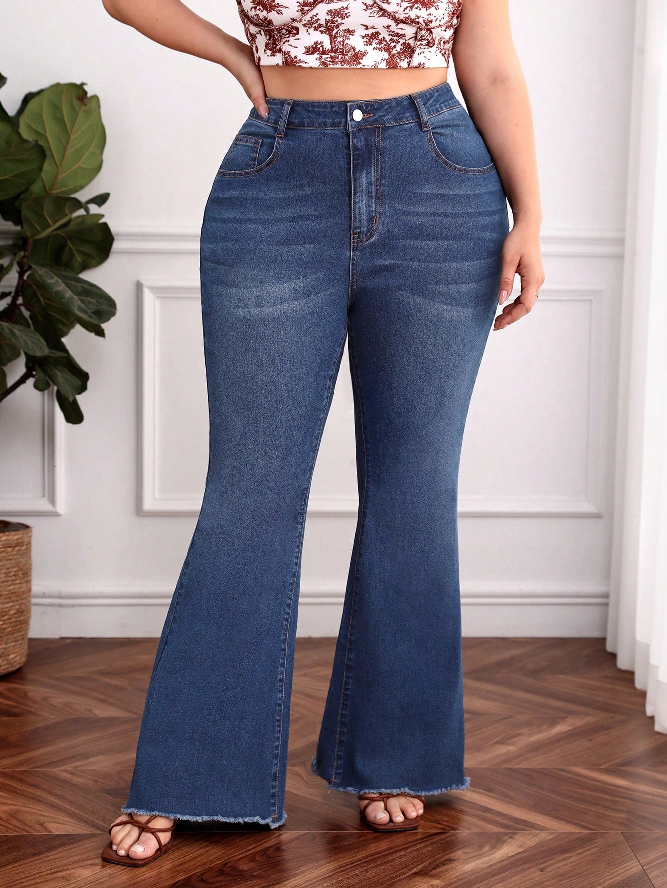 Plus High Waist Raw Cut Flare Leg Jeans