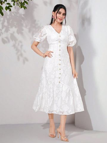 Puff Sleeve Button Front Jacquard Flower Pattern Dress