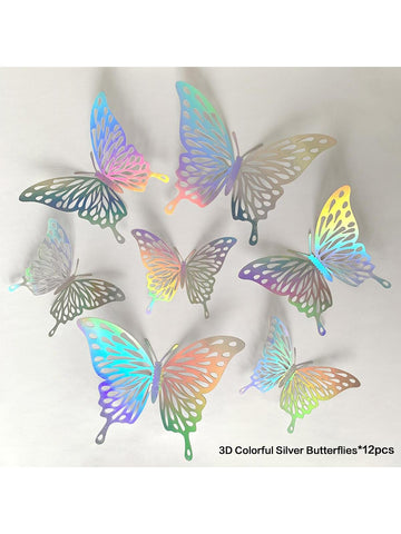 12pcs Paper Butterfly Sticker, Creative Holographic Removable Self Adhesive 3D Butterfly Wall Decor For Home, Party