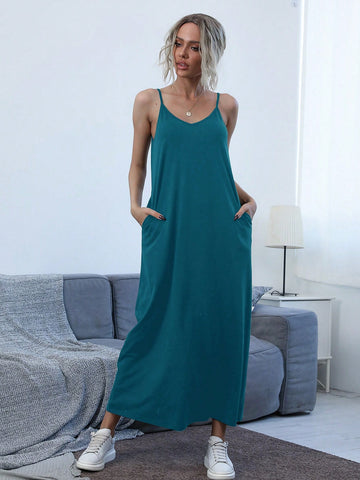 Slant Pocket Solid Cami Dress