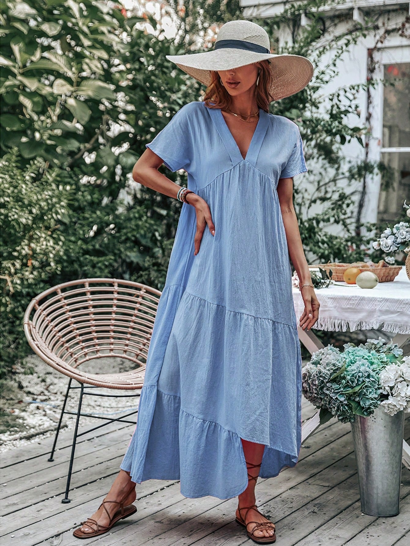 Solid Ruffle Hem Smock Dress