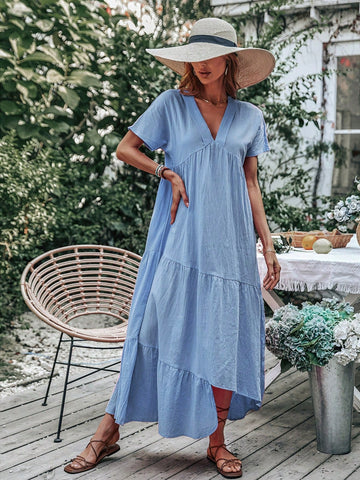 Solid Ruffle Hem Smock Dress