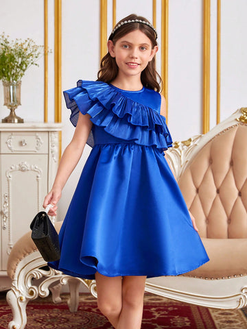 Tween Girl 1pc Asymmetrical Shoulder Ruffle Trim Dress