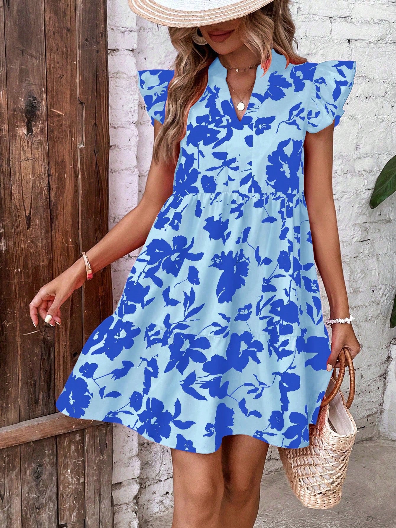 Floral Print Ruffle Trim Smock Dress