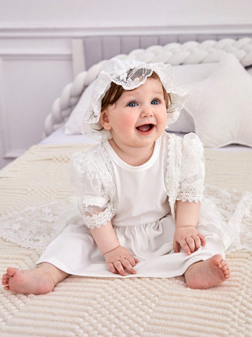 Baby Solid Puff Sleeve Party Dress & Lace Coat & Accessory Hat