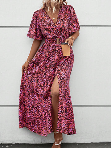 Allover Print Butterfly Sleeve Split Thigh Belted Dress