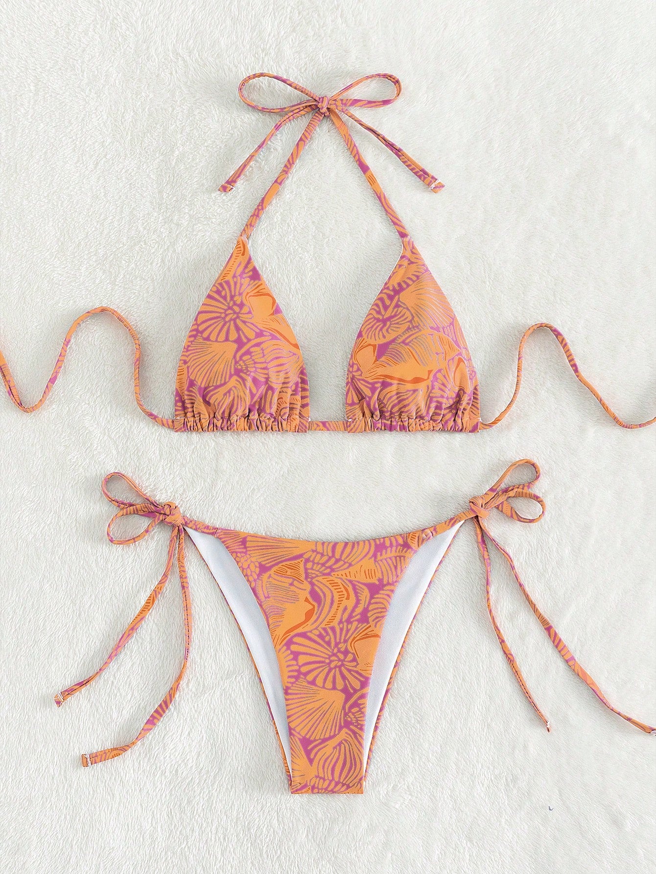 Summer Beach Allover Print Halter Triangle Tie Side Bikini Set