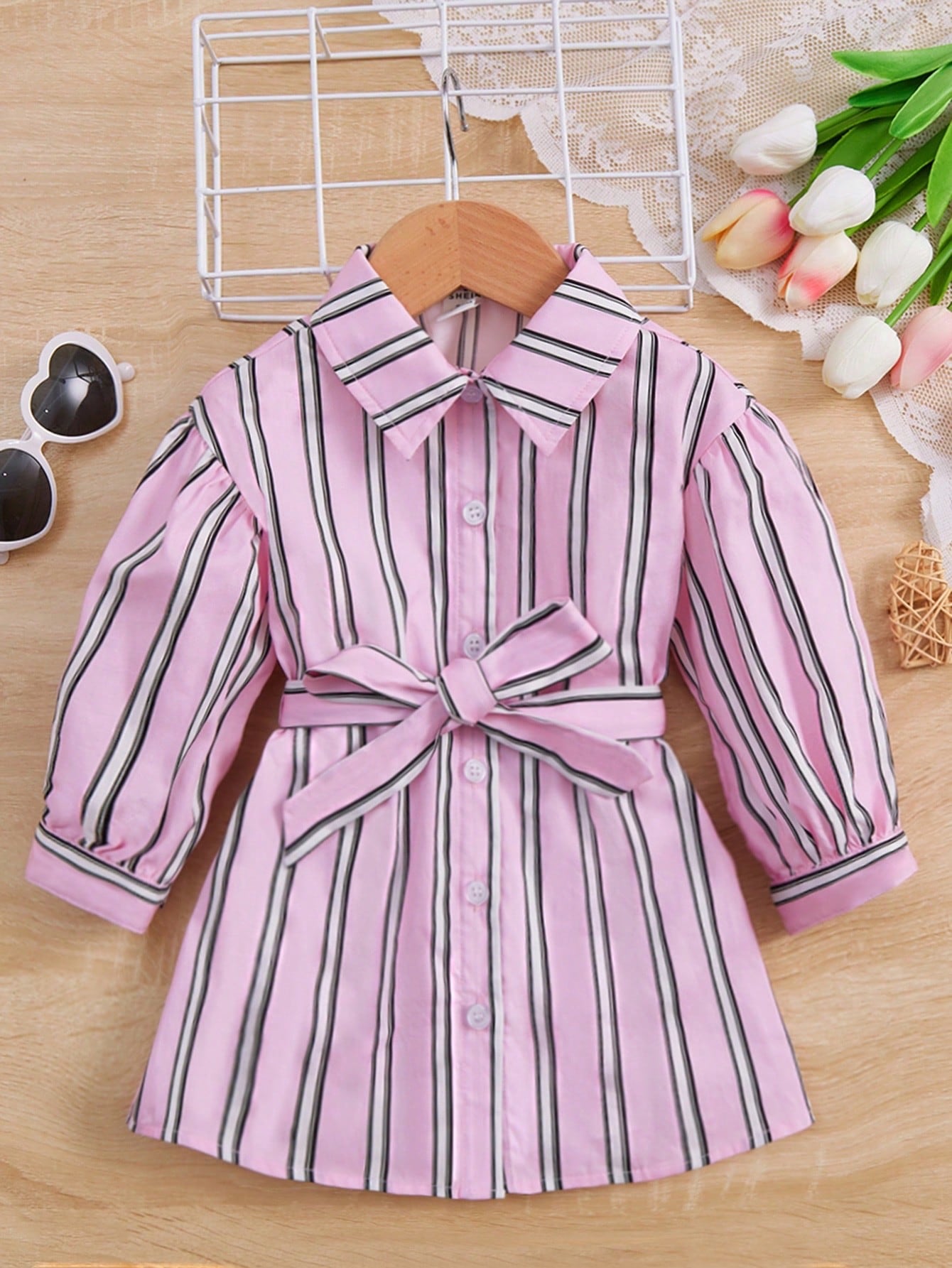 Baby Striped Print Belted Shirt Dress