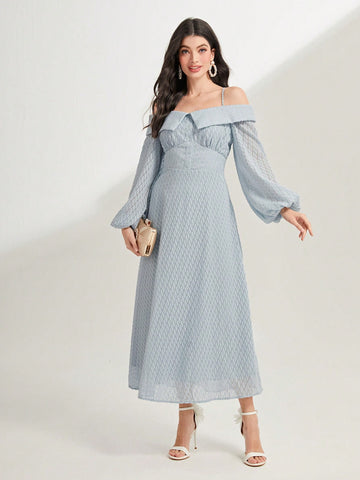 Off Shoulder Foldover Lantern Sleeve Dress