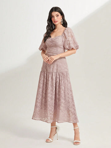 Sweetheart Neck Puff Sleeve Ruffle Hem Jacquard Flower Applique Dress