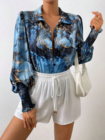 Marble Print Lantern Sleeve Shirt