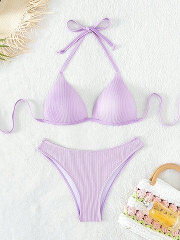 Summer Beach Solid Halter Triangle Bikini Set