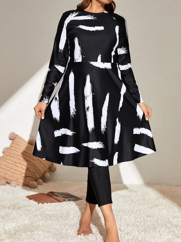 Summer Beach Plus Brush Print Burkini Swimsuit